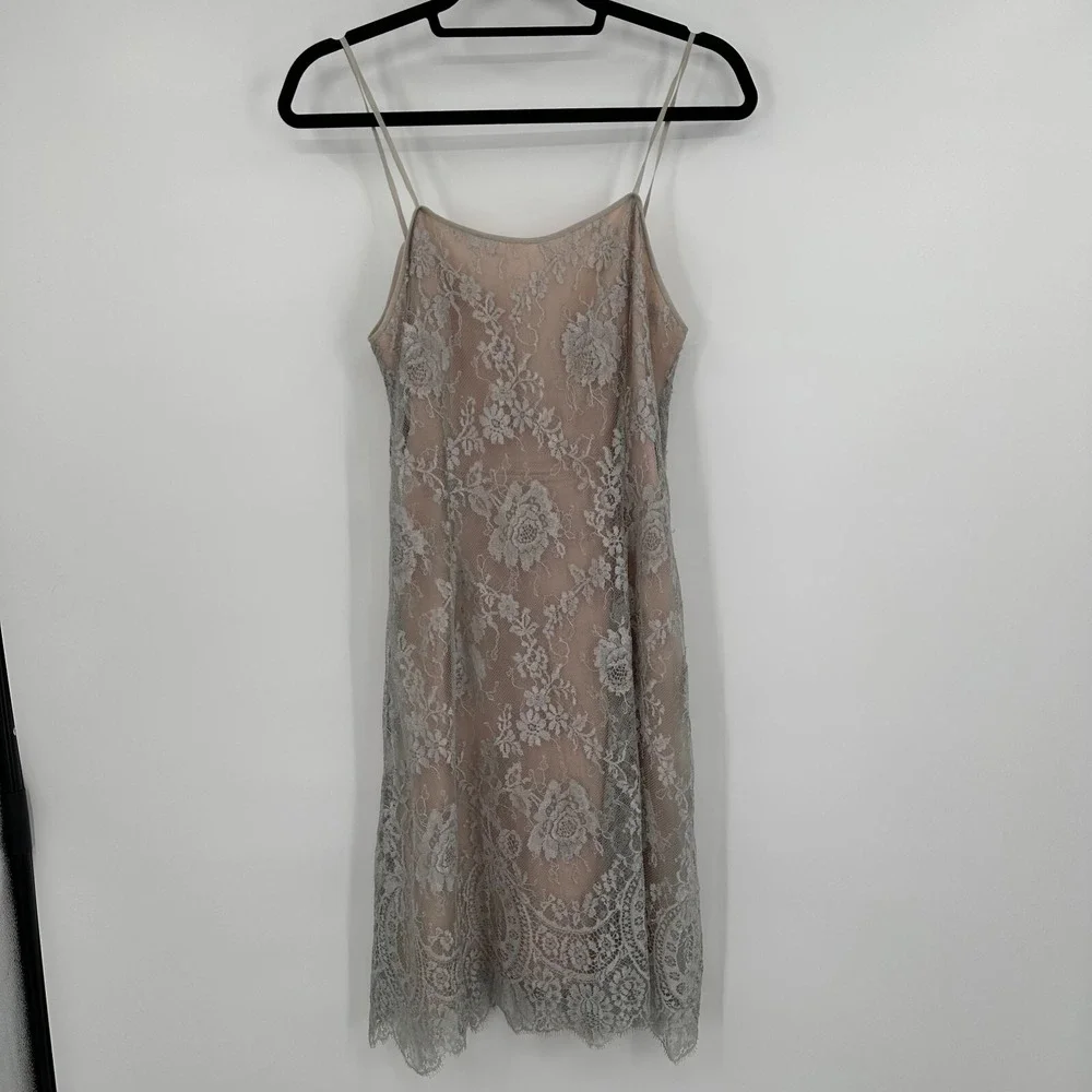 Rickie Freeman Teri Jon Nites‎ Slip Dress Prom Gray Floral Lace Overlay Back Zip